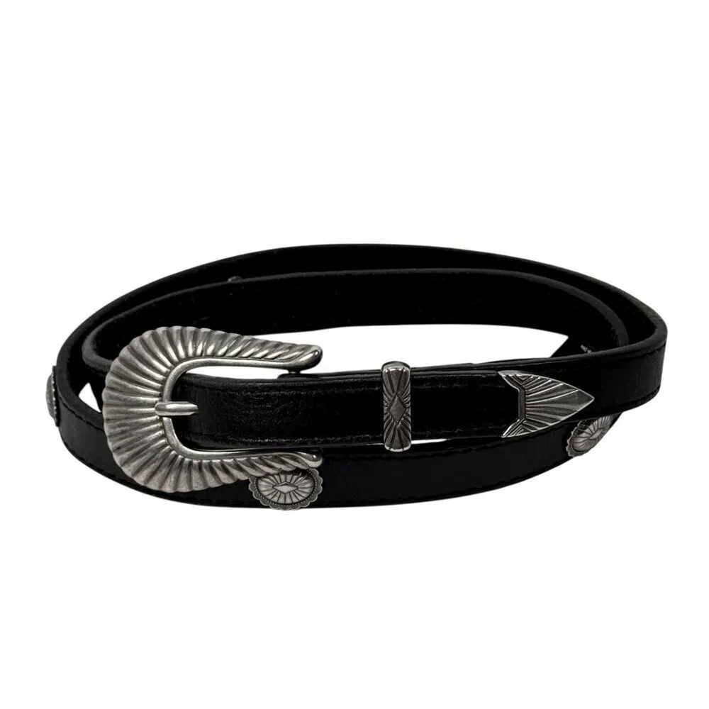 UO Black Leather Slim Belt SZ S Silver Buckle Medallions Western Boho Goth
